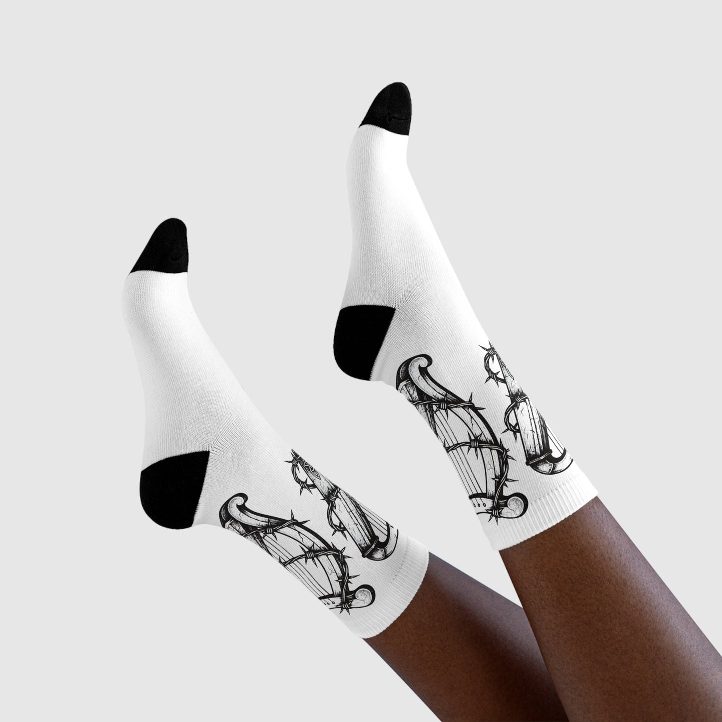 Rebellious Harp Barbed-Wire Crew Socks — Sublimation Musician Gothic Socks