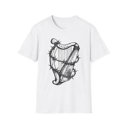 Unisex T-Shirt with Cool Irish Harp Wrapped in Barbed Wire Design