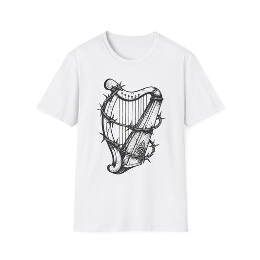 Unisex T-Shirt with Cool Irish Harp Wrapped in Barbed Wire Design