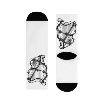 Rebellious Harp Barbed-Wire Crew Socks — Sublimation Musician Gothic Socks