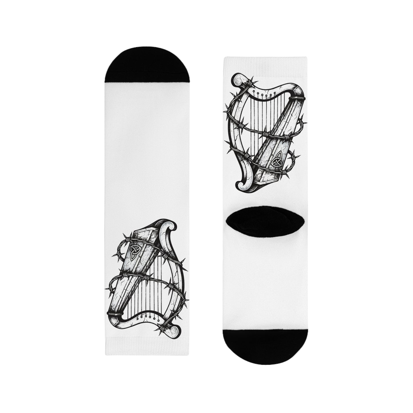 Rebellious Harp Barbed-Wire Crew Socks — Sublimation Musician Gothic Socks