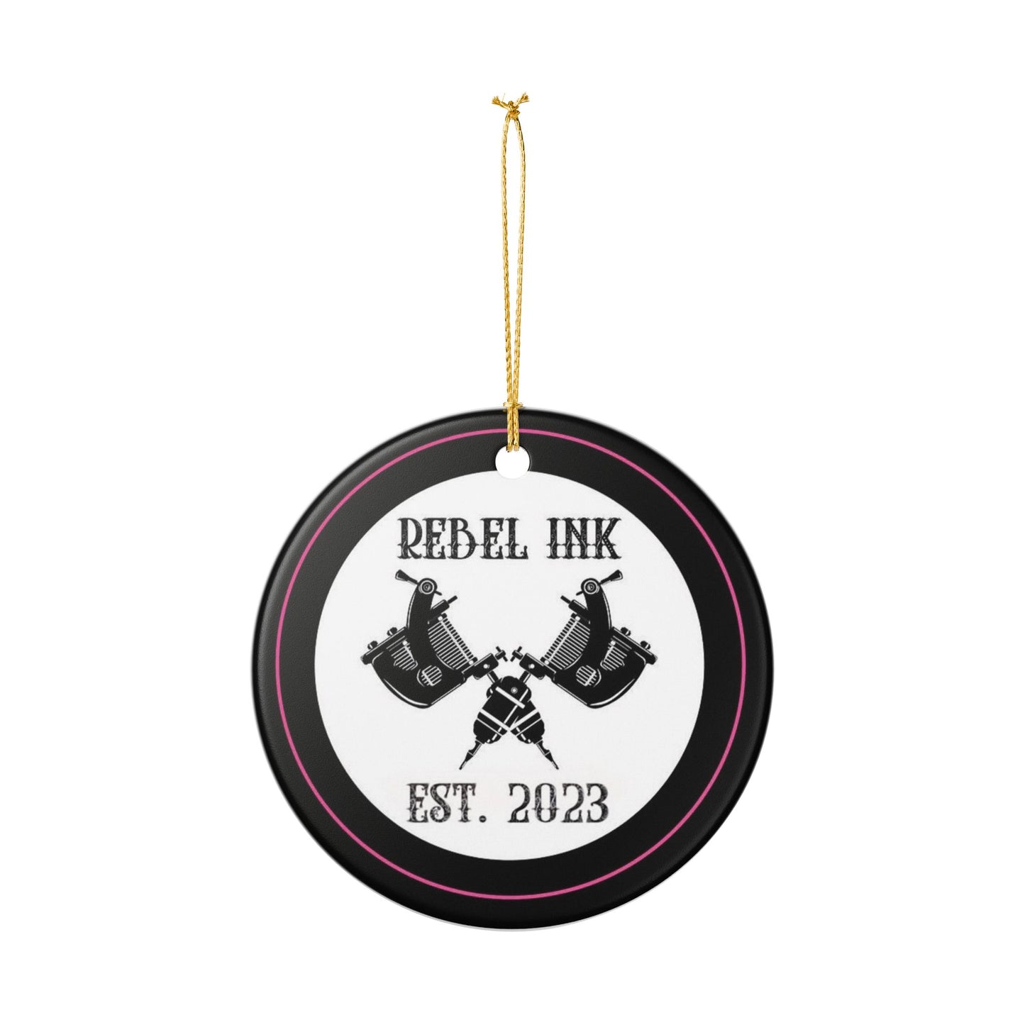 Rebel Ink Ceramic Ornament – Tattoo Machine Design, "REBEL INK EST. 2023"