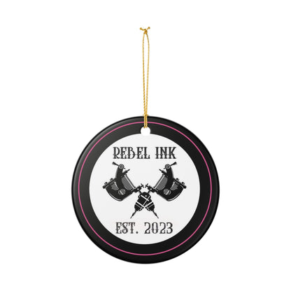 Rebel Ink Ceramic Ornament – Tattoo Machine Design, "REBEL INK EST. 2023"