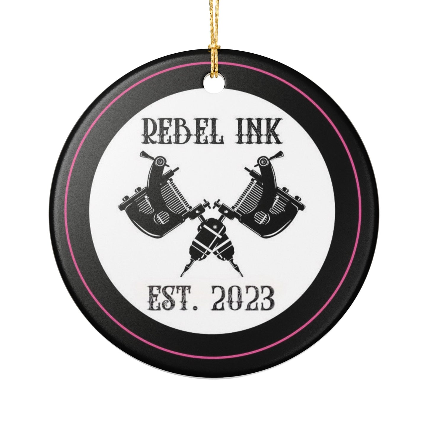 Rebel Ink Ceramic Ornament – Tattoo Machine Design, "REBEL INK EST. 2023"