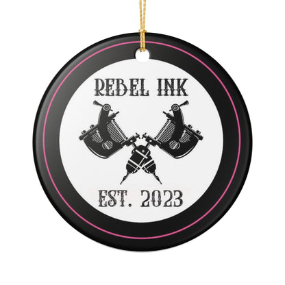 Rebel Ink Ceramic Ornament – Tattoo Machine Design, "REBEL INK EST. 2023"
