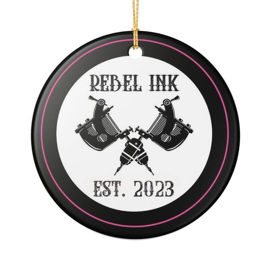 Rebel Ink Ceramic Ornament – Tattoo Machine Design, "REBEL INK EST. 2023"