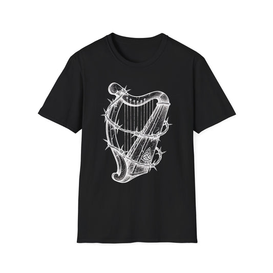 Unisex T-Shirt with Cool Irish Harp Wrapped in Barbed Wire Design